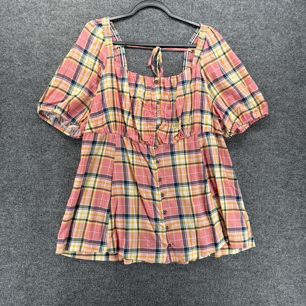 Torrid Top 2 Womens 2X Pink Plaid Button Up Short Sleeve Casual Western Boho